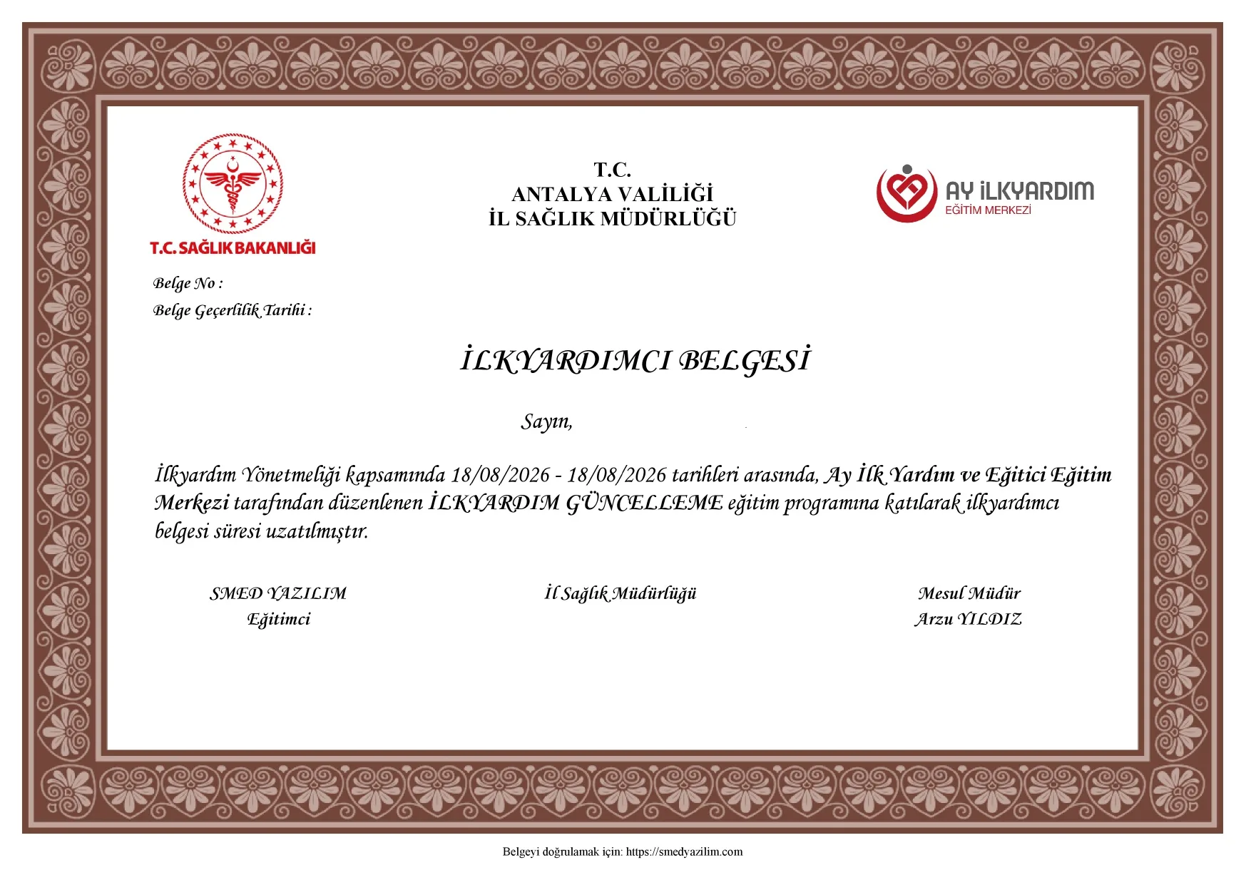 İlk Yardım Güncelleme Eğitimi Sertifika