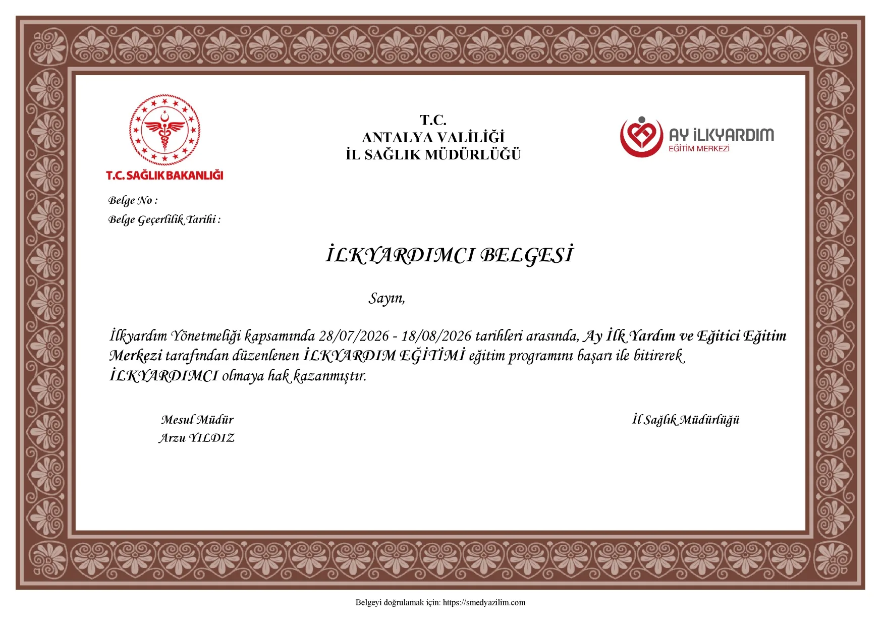 Temel İlk Yardım Eğitimi Sertifika